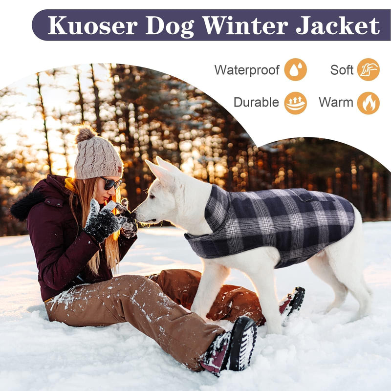 Kuoser Dog Winter Coat, Reversible Dog Jacket, Warm Dog Coat British Style Puppy Cold Weather Coat, Windproof Dog Clothes Dog Vest for Small Medium and Large Dogs Dark Blue L Large (Chest Girth: 20.9-24.4'') Blue Plaid - BeesActive Australia