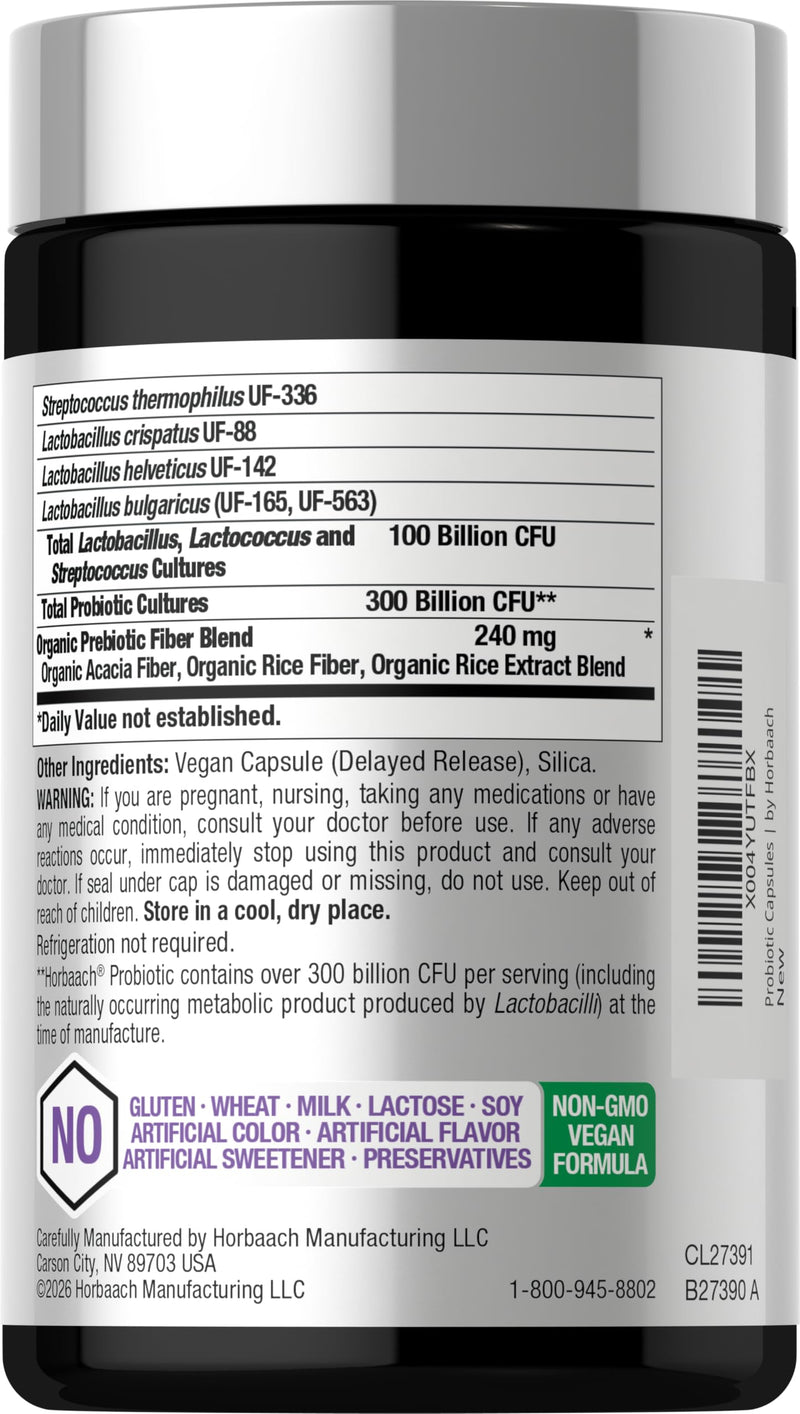 Horbäach Probiotics for Women and Men | 300 Billion CFU | 30 Capsules | 40 Probiotic Strains with Prebiotic |Vegan, Non-GMO & Gluten Free Supplement