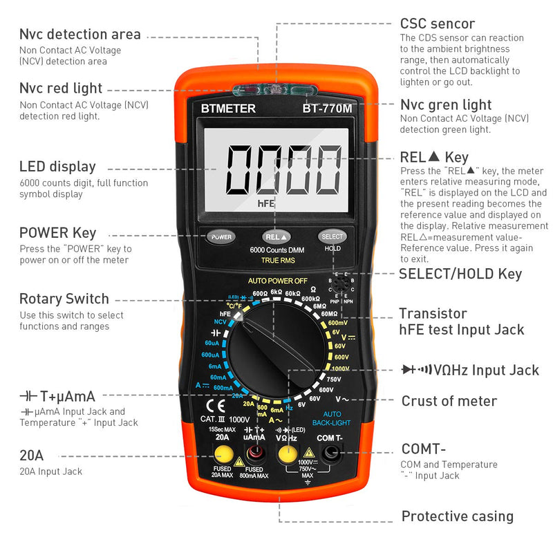 Digital Multimeter TRMS 6000 Count, BTMETER BT-770M Auto/Manual Ranging DMM Electrical Meter Tester for AC/DC Amp, AC/DC Volt, Ohm Capacitance Frequency Continuity Temperature NCV, Auto Backlight AC/DC 20A & Mechanical Block 770M - BeesActive Australia