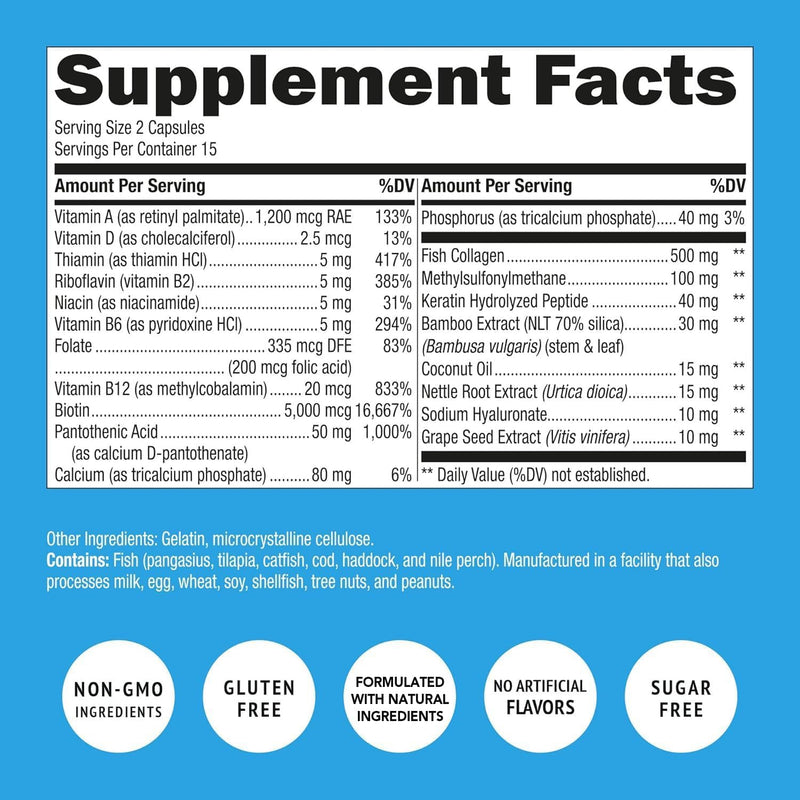 Biotin and Collagen Vitamins + Keratin with Folate - Hair Loss Treatments for Women & Men - Follicle, Skin and Nail Supplements for Hair Growth & Postpartum Support - GMO Free & Gluten Free (120 Caps) 120 Count (Pack of 1)