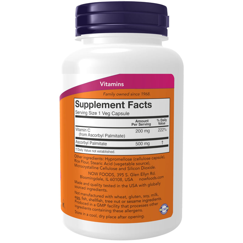 NOW Supplements, Ascorbyl Palmitate 500 mg, Esterified Vitamin C, Antioxidant Protection*, 100 Veg Capsules 100 Count (Pack of 1)