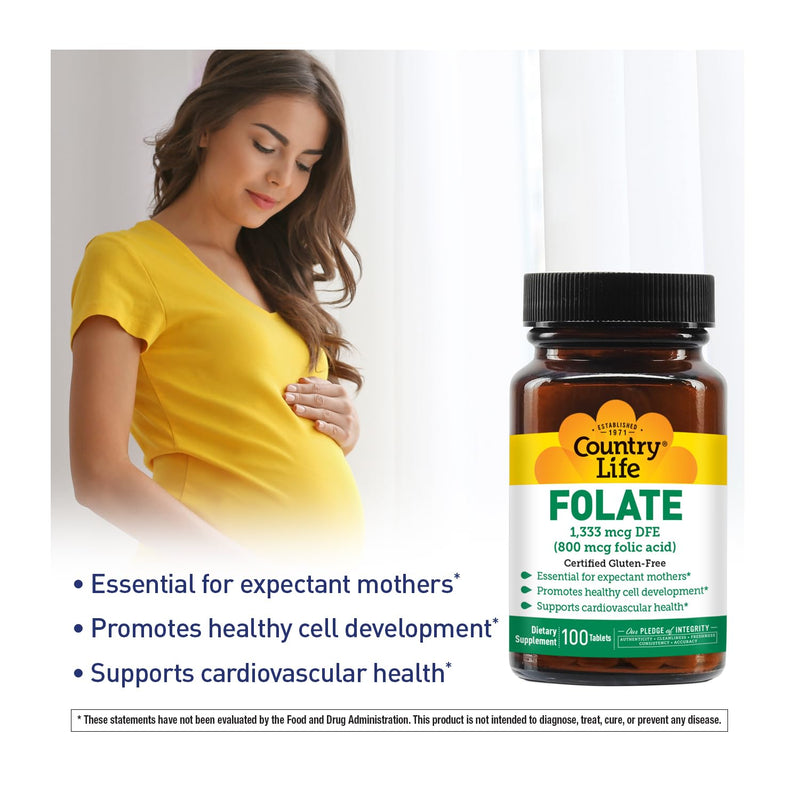 Country Life Folate 800 mcg Folic Acid, 100 Tablets | Supports healthy cell development and cardiovascular health; certified gluten-free, vegan, kosher and halal