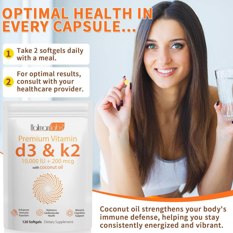 Vitamin D3 K2 Supplement Softgel, Vitamin D3 K2 Softgel with 10000 IU Supports Immune, Heart, Teeth & Bone Health, Free of GMO, Gluten, Soy, 120 Softgels 1 Bag | 60-day Supply