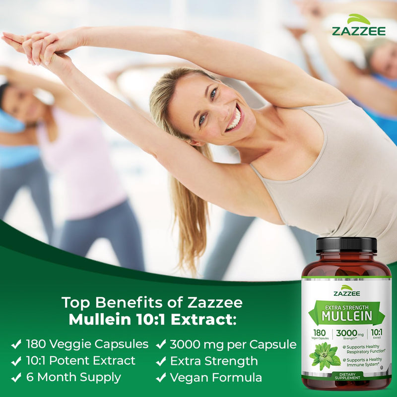 Zazzee Extra Strength Mullein Leaf 10:1 Extract, 180 Vegan Capsules | 6 Month Supply, Respiratory & Lung Support, Certified Kosher, 100% Pure Leaf Powder, Verbascum Thapsus, Non-GMO, Made in USA 180 Count