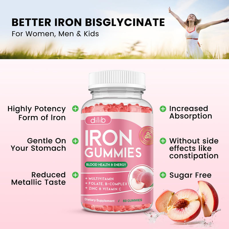 Iron Gummies with Multivitamin, Iron Supplement for Women & Men, Kids Multivitamin with Zinc, Vitamin B Complex & C, B12, Folate - Blood Builder, Energy Support, Peach Flavor, Vegan 120 Gummies 60 Count (Pack of 2)