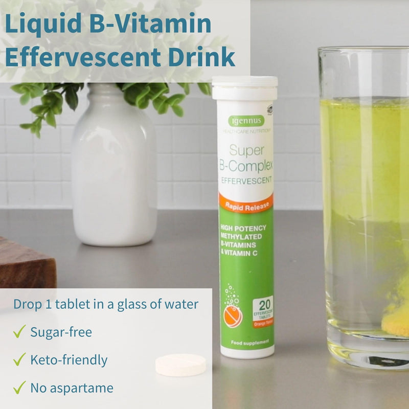 Igennus Super B-Complex Methylated Liquid B-Vitamin Effervescent Supplement | Fast Action Energy Drink, No Caffeine & Sugar-Free, Orange Flavor, Vegan, 20 Tablets Effervescent tablet 20 Count (Pack of 1)