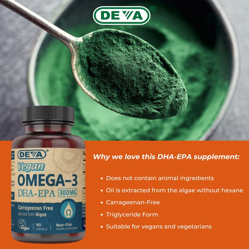 DEVA Vegan Omega-3 DHA-EPA 300MG 2-Pack – No Carrageenan, Non-Fish Oil Derived from Algae, Non-GMO, 90 Gelatin-Free Softgels Ea 90 Count (Pack of 2)