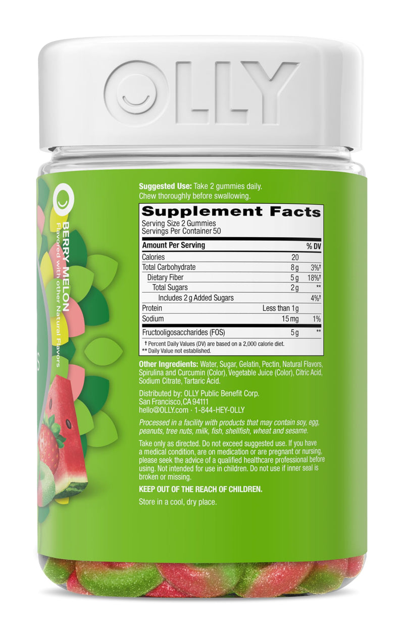 OLLY Fiber Gummy Rings Digestive Health Supplement, Berry Melon - 100 Count 100 Count (Pack of 1)
