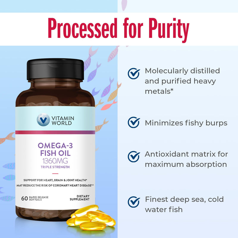 Vitamin World Triple Strength Omega 3 Fish Oil 1360 mg, 60 Softgels | High Potency Omega 3s with EPA & DHA 950 mg, Supports Heart, Brain & Joint Health, Gluten Free, 2 Months Supply 60 Count (Pack of 1)