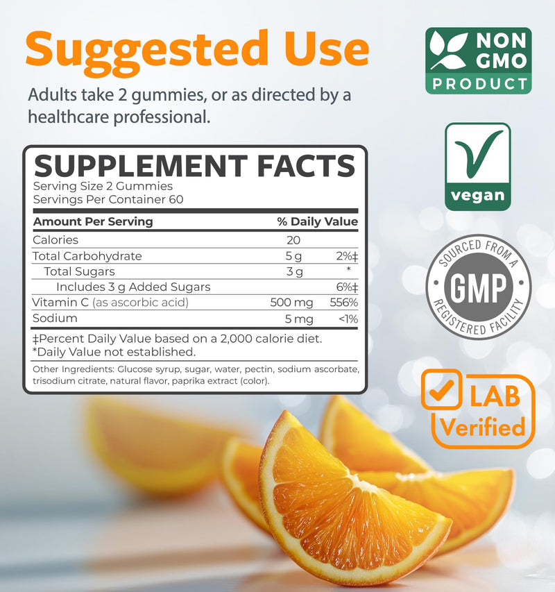 Vegan Vitamin C Gummies for Adults - Orange Flavor (2 Month Supply) | Immune Support Gummies with Chewable Vitamin C 500mg per Serving for Daily & Seasonal Wellness - High Potency Non-GMO Formula Gummy 120 Count (Pack of 1)