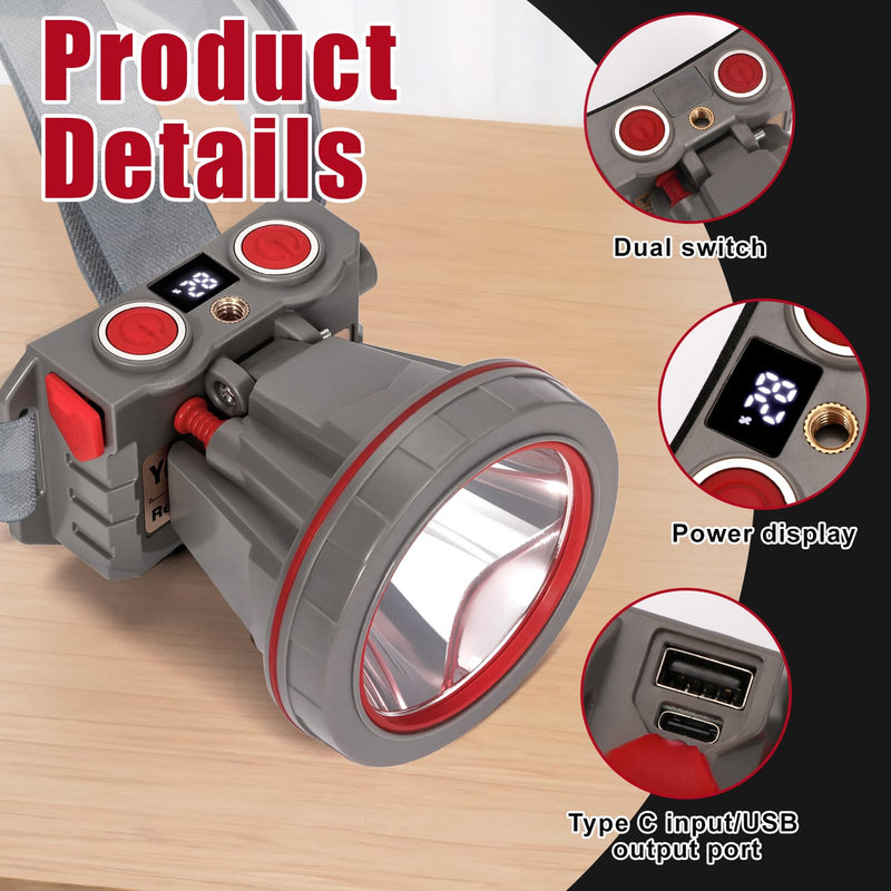 Super Bright Coon Hunting Headlamp, High Lumen LED Headlight with Battery Level Display, Waterproof Rechargeable Spotlight, Hands-Free 2 Light Modes for Hunting & Outdoor Activities (White Light) White Light