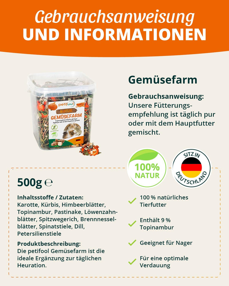 petifool Vegetable Farm 500g - supplementary food for rodents - natural rodent food for rabbits, guinea pigs, hamsters, chinchillas & more - without artificial additives - 100% natural - species-appropriate food 500g (pack of 1) - BeesActive Australia