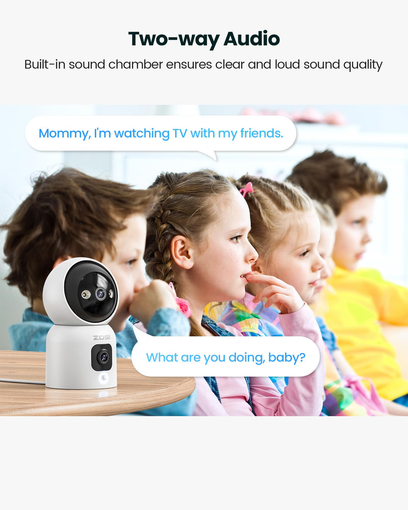 ZOSI indoor surveillance camera with dual lens 3MP+3MP, 2.4/5G WiFi, button/OK gesture call, AI person detection and tracking, color night vision, C528D white 3MP+3MP dual camera - BeesActive Australia