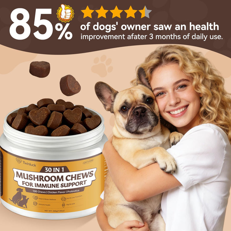 Turkey Tail Mushroom Chews for Dogs & Cats, 100 Chews, 7 Mushroom Blend with 6 Probiotic Strains, Daily Immune and Digestive Support