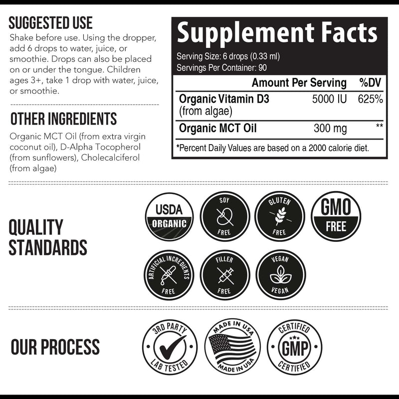 Plant-D3 Organic Vitamin D3 5000 IU - Vegan, Max Strength Sublingual Liquid D3 Drops - 200% Higher Absorption - 100% Plant-Based Cholecalciferol Form - Adjustable Dosing for All Ages (1oz Liquid) 1 Fl Oz (Pack of 1)