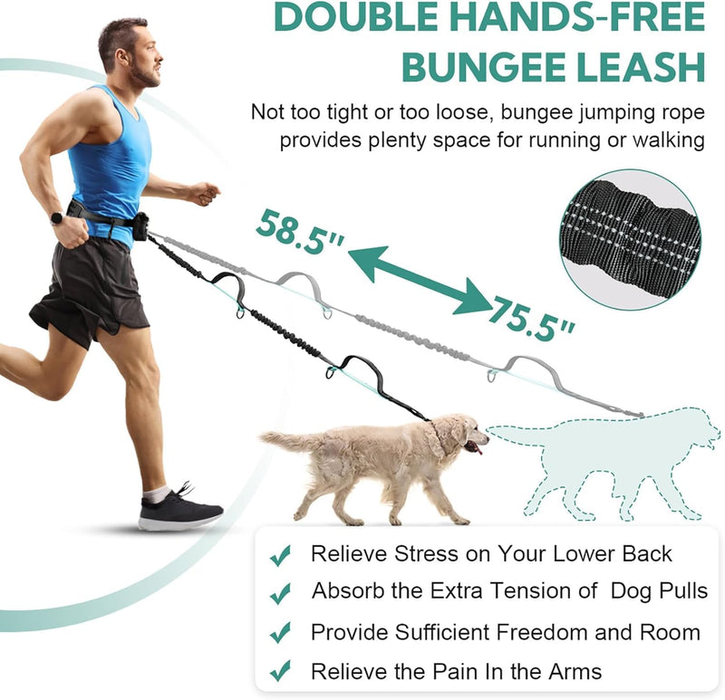 Hands Free Dog Leash with Pouch, Retractable Bungee, Double Padded Handles for Walking, Waist Leash for Medium & Large Dogs, Walking Accessories (Black Mint Green, 2 Leashes) Black mint green