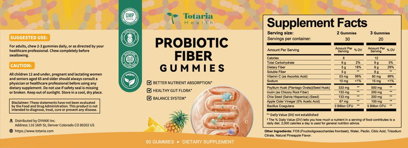 Totaria Probiotic Fiber Gummies, Pineapple Flavor | Fiber Supplement with Psyllium Husk, Bacillus Coagulans, Apple Cider Vinegar, Inulin, FOS, 60 Gummies 60 Count (Pack of 1)