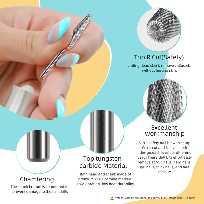 24mm Super Long 5 in 1 Nail Drill Bits, Cross Tapered Carbide Bit, 3/32" Two-way Rotate Drill Bits for Nails, Remove Acrylic Nails/Gel, Electric File Tool Drills Manicure Accessories (F) Long 24mm 24mm 5in1 - F - BeesActive Australia