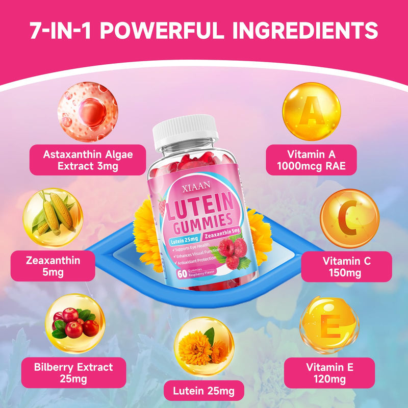 Lutein and Zeaxanthin Supplements, Lutein Gummies with Zeaxanthin,Vitamins A, C, E, Bilberry, Astaxanthin for Vision Health & Eye Strain, Sugar-Free/Vegan, Raspberry Flavor 120 Count 60 Count (Pack of 2)