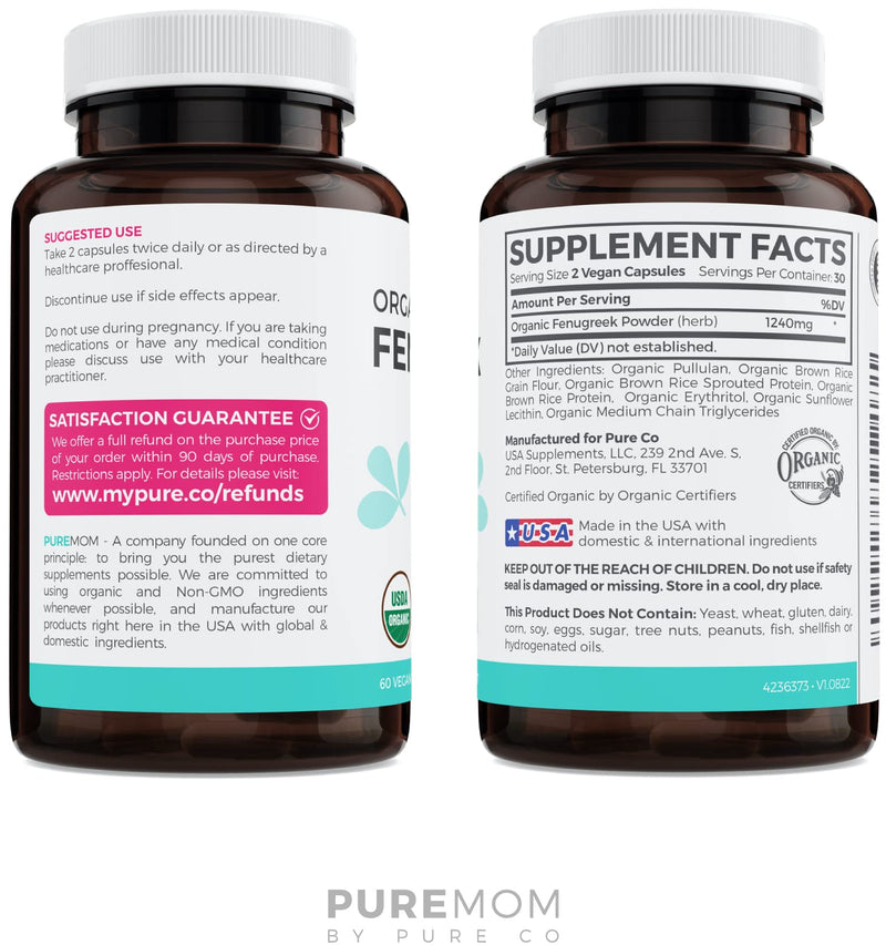 USDA Organic Fenugreek Capsules for Women - Effective Lactation Supplement for Increased Breast Milk Supply - Herbal Breastfeeding Support for Mothers - Gluten Free - 60 Vegan Capsules (No Pills) | Gentle Breast Milk Supply Booster for Mothers - Fenugr...