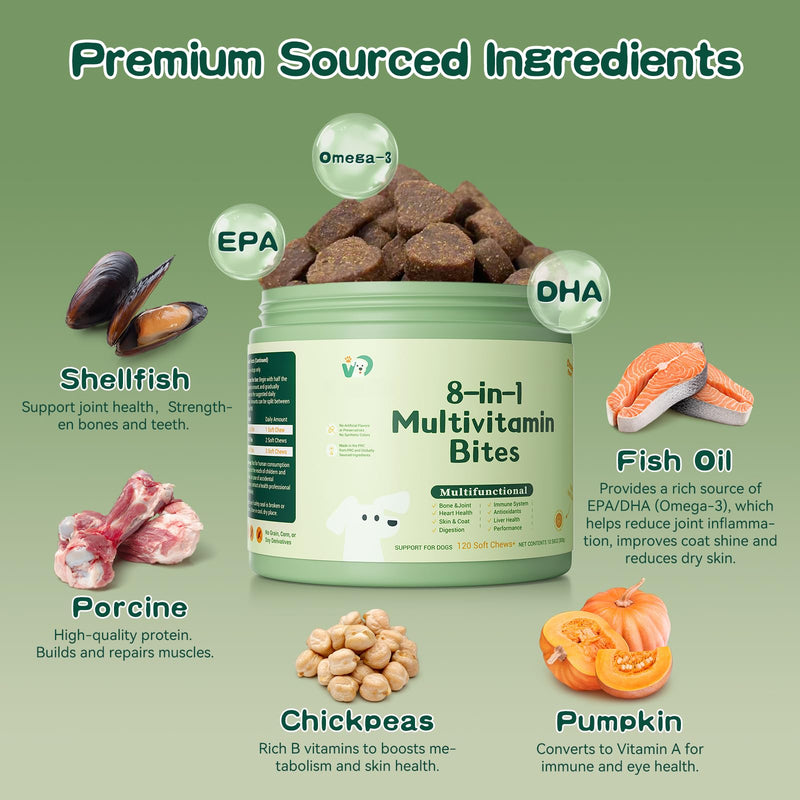 8-in-1 Dog Multivitamin Soft Chews - with Omega 3, Probiotics & Glucosamine - Immune, Skin, Joint, Digestive Support - Daily Supplement for All Dogs