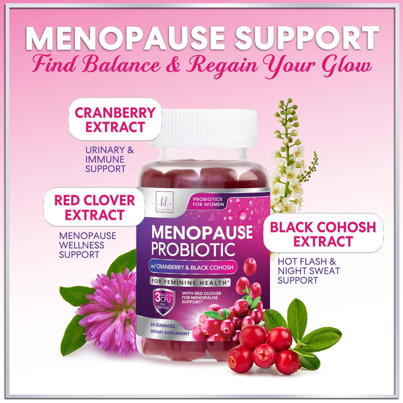 Menopause Supplements for Women Gummies - Black Cohosh, Cranberry, 3 Billion CFU Probiotics per Serving - Complete Menopause Relief for Hot Flashes, Night Sweats, Vaginal Health Support - 60 Gummies