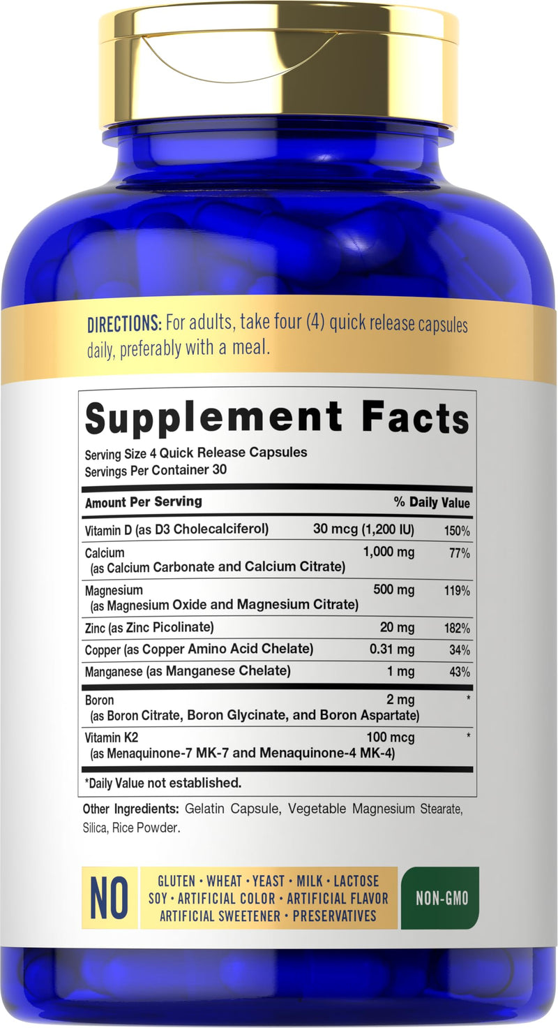 Carlyle Bone Strength Calcium Complex Supplement | With Vitamin D3, Magnesium, K2, Zinc & Boron | 120 Capsules | Non-GMO, Gluten Free