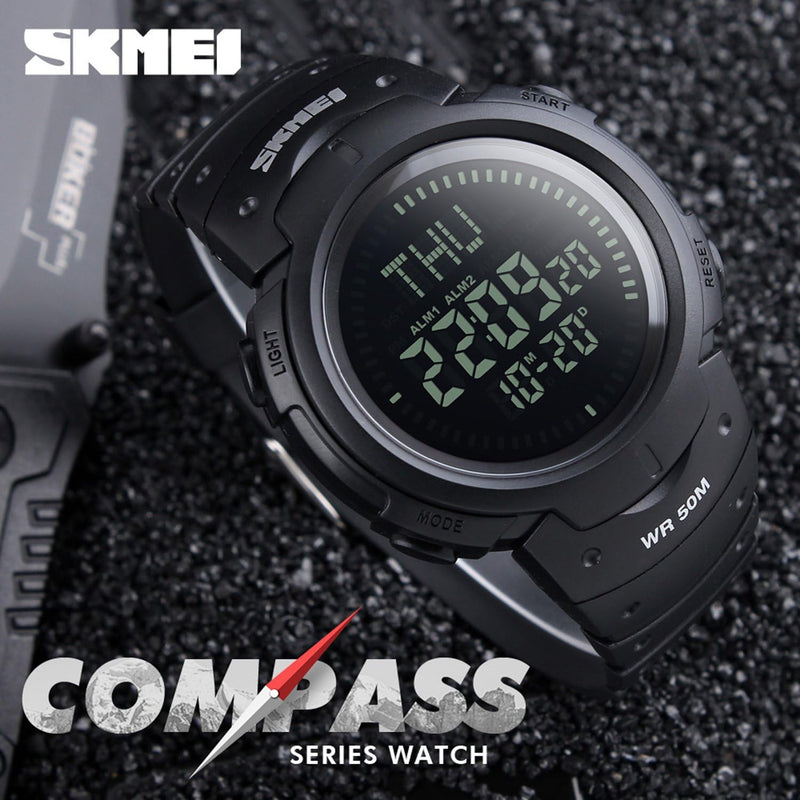 Men’s Military Sports Digital Watch with Survival Compass 50M Waterproof Countdown 3 Alarm Stopwatch Black