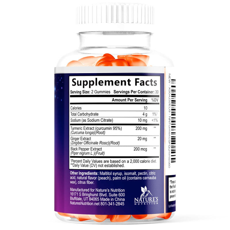 Turmeric Curcumin Gummies Sugar Free Supplement - 95% Curcuminoids with Turmeric & Ginger, Black Pepper for Best Absorption, Nature's Vegan Joint Support, Non-GMO, Tasty Peach Flavor - 60 Gummies