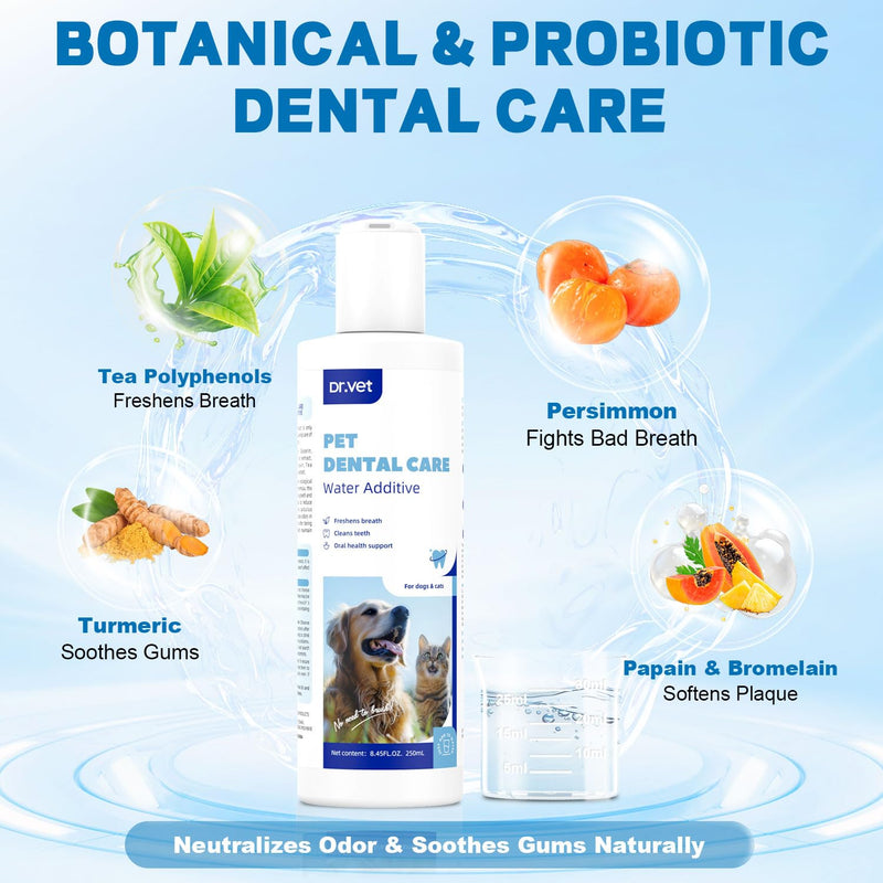Dog Breath Freshener-Enzymatic Dog Dental Water Additive for Dental Care–Probiotics Prevent Bad Breath, Relieve Gum Redness, Reduce Plaque & Tartar, No Brushing Needed, Safe for Dogs & Cats, 8.45oz
