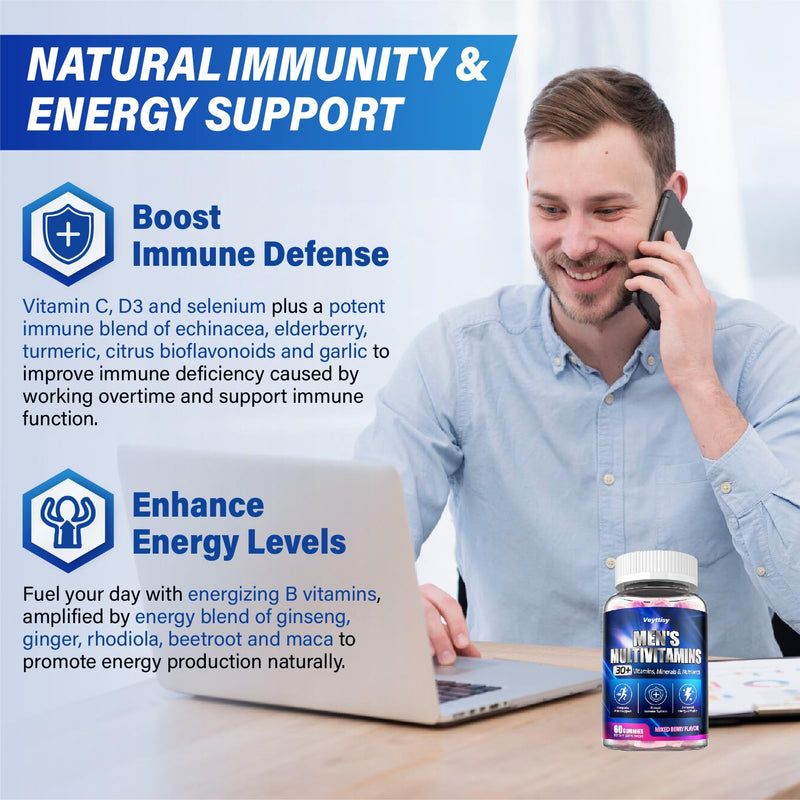 Methylated Multivitamin Gummies for Men | Mens Multivitanins Gummy with Vitamins A C D K E, Methylated Folate, B Complex, Probiotics, Omega-3, CoQ10, Herbal Blend Mixed Berries 60 Count (Pack of 1)