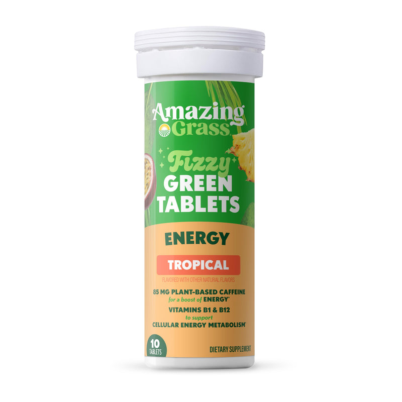 Amazing Grass Fizzy Green Energy Tablets, Caffeinated, Tropical, 60 Count | Effervescent Greens Tablet with 85mg Plant-Based Caffeine, 1 Serving of Fruits & Veggies, Vitamins B1 & B12 Energizing Tropical 10 Count (Pack of 6)