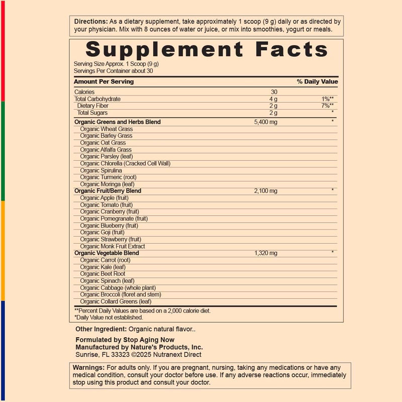 Stop Aging Now - Organic Greens Powder Superfood Supplement Blend Mix - 9.5oz - Naturally Flavored