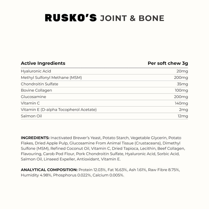 Rusko's Joint & Bone Supplement for Dogs | Supports Mobility, Flexibility & Healthy Joints | Glucosamine, MSM & Hyaluronic Acid | 120 Soft Chews