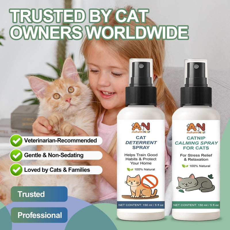 Cat Spray 2-Pack Furniture Saver Kit – 150ml Cat Deterrent Spray + Calming Catnip Spray – Anti-Scratch Training & Stress Relief Solution for Indoor Cats & Kittens