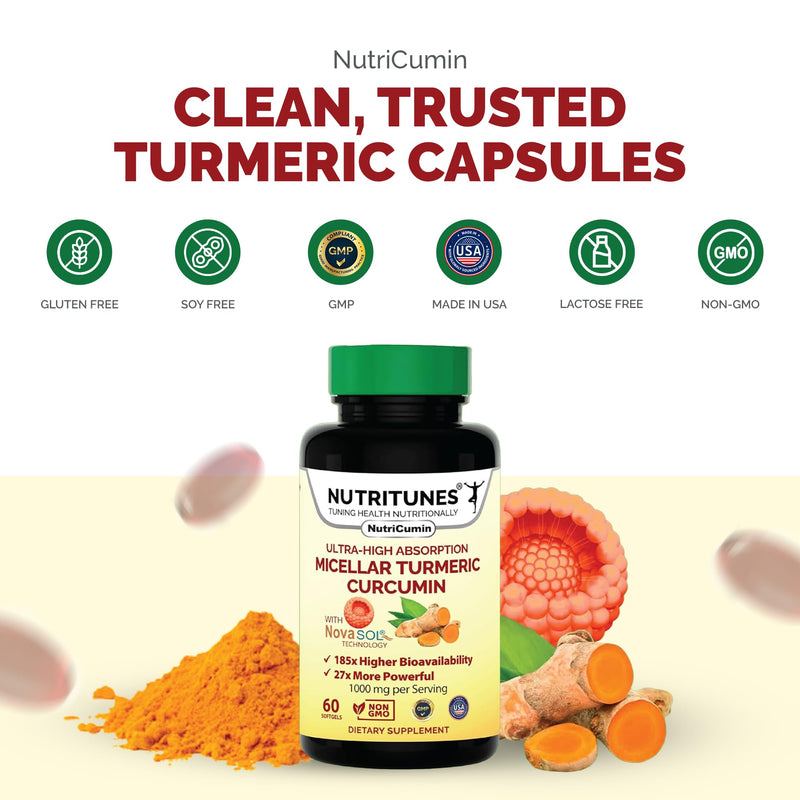 NutriCumin NovaSOL Turmeric Curcumin - 60 Softgels | Features Liposomal Delivery, Easy-to-Swallow Softgels, Allergen-Free Formula for Daily Joint and Mobility Support