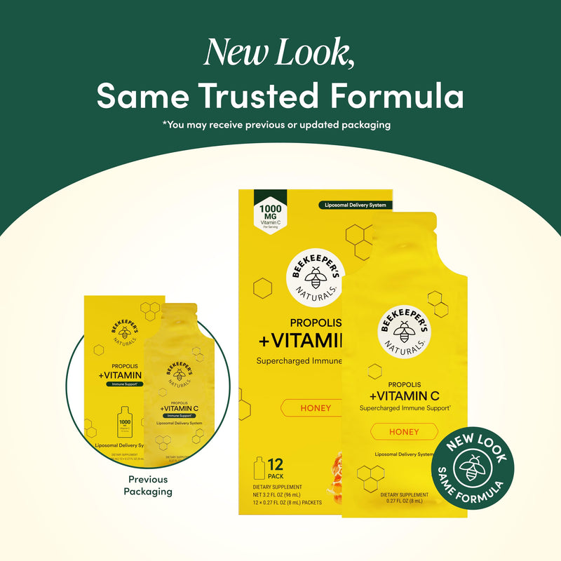 Beekeeper's Naturals Liposomal Vitamin C (1000mg) + Propolis Packets, 30 Ct | Propolis & Organic Honey, Supercharged Immune Support, Increased Bioavailability, Max Absorption Adult 30 Packets