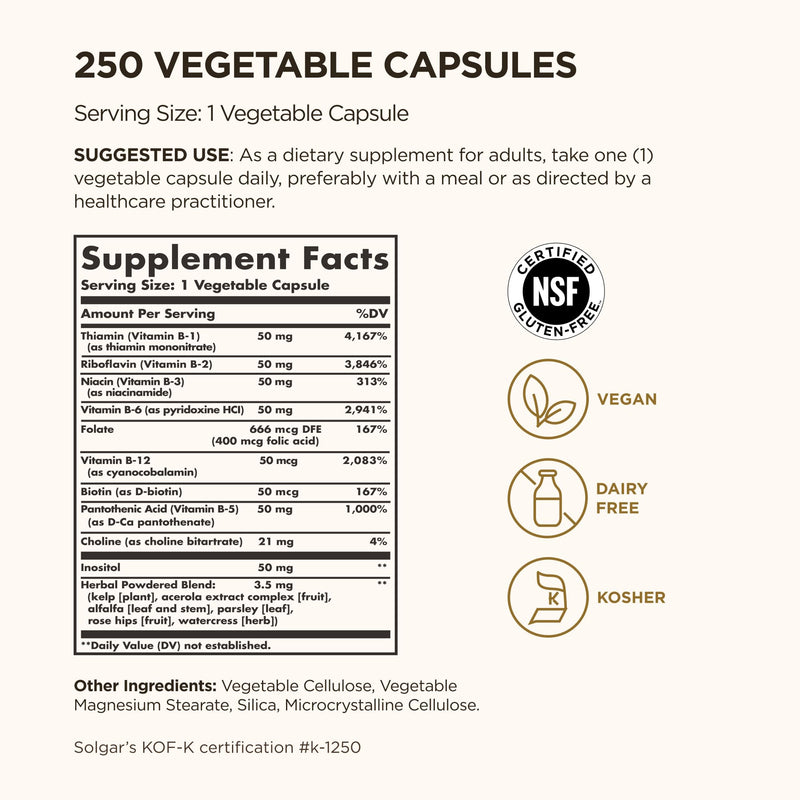 Solgar B-Complex 50", 250 Vegetable Capsules - Energy Metabolism | Cardiovascular Support, Nervous System Support - Non-GMO, Vegan, Gluten Free, Dairy Free, Kosher - 250 Servings 250 Count (Pack of 1)