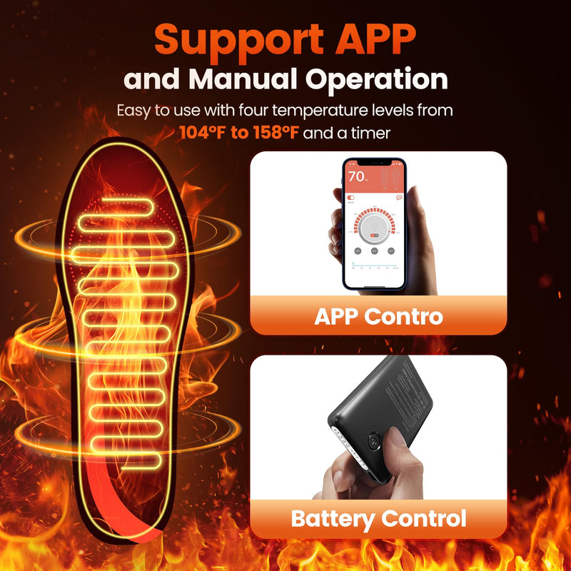 Heated Insoles Rechargeable, Foot Warmer for Men and Women with 5000 mAh Battery, 4-Temperature Settings Mobile App Control, Adjustable Design for All Shoes for Outdoor& Indoor Use, Size Large Black - BeesActive Australia
