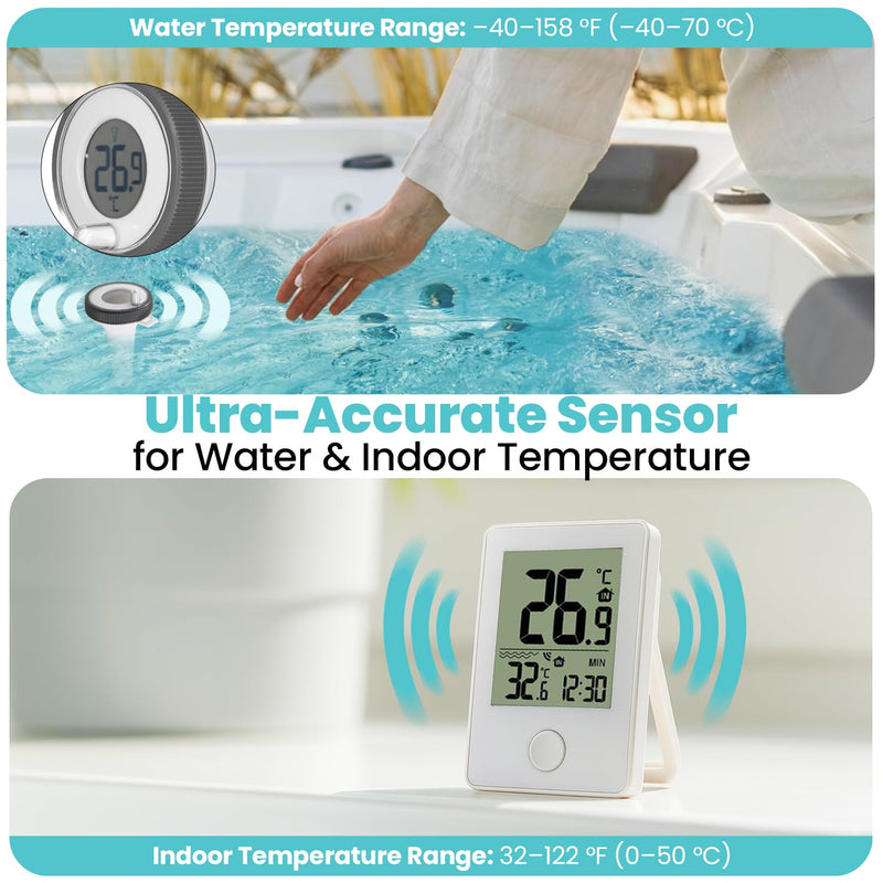 Pure55 SpaGauge Wireless Hot Tub Thermometer w/Batteries - IPX7 Waterproof Pool Thermometer - Floating, Easy-Read Digital Temperature Gauge w/Indoor Display - Ideal for Outdoor Ponds, Swimming Pools White Spa