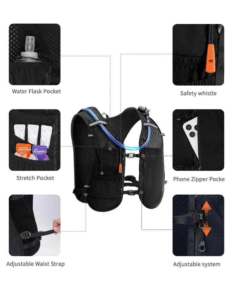 ECOHUB Running Hydration Vest Backpack,Lightweight Breathable Pack with 2L Water Bladder Bag Daypack for Hiking Trail Running Cycling Race Marathon for Women Men Black