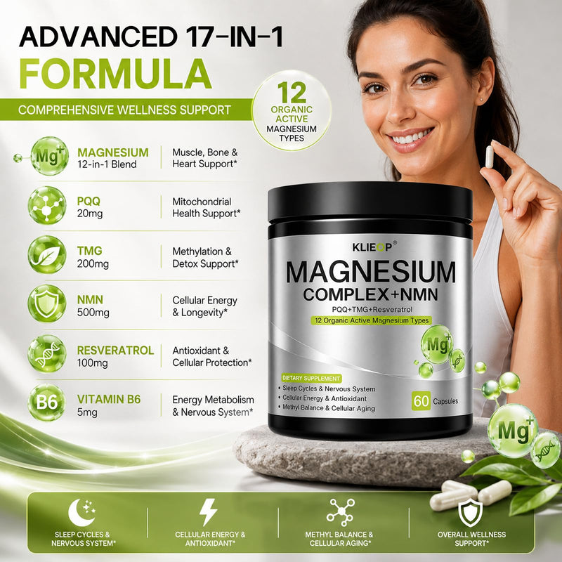 Magnesium Complex Supplement for Women and Men with NMN Supplement | 17-in-1 TMG, Resveratrol, PQQ & Vitamin B6,Sleep & Relaxation, Nervous System, NAD+ Level & Cellular Energy Support 60 Count (Pack of 1)