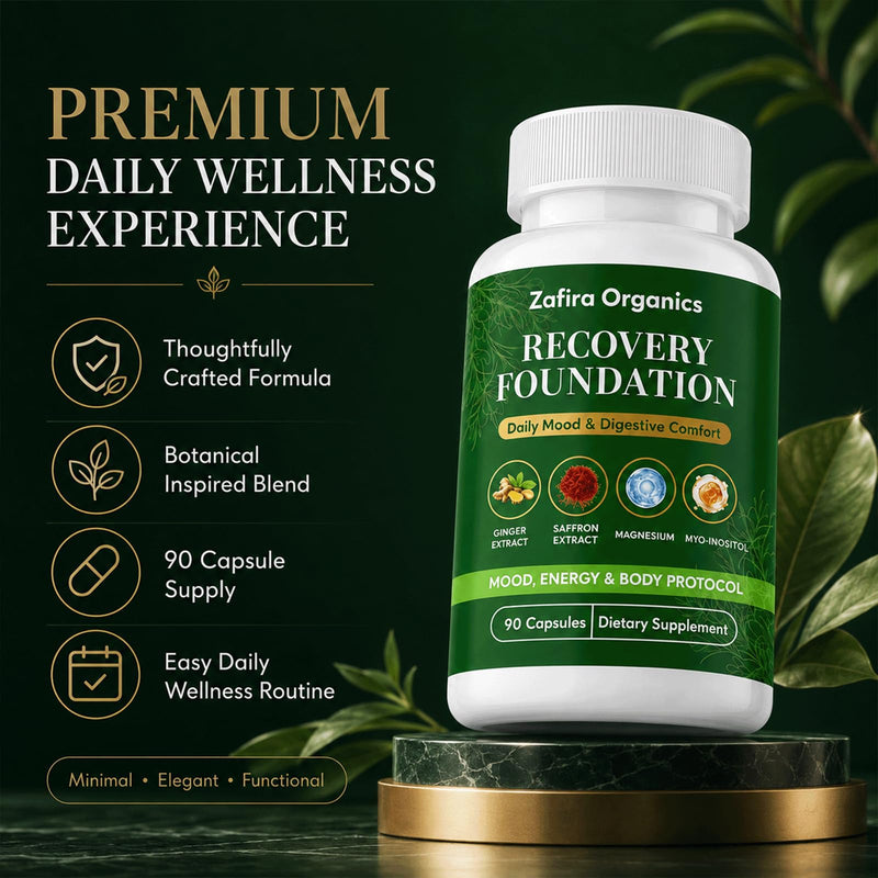 Zafira Organics,Zafira Recovery Foundation,90 Capsules (1pcs) | with Saffron Extract,Ginger Extract L-Theanine Myo-Inositol,Daily Energy & Focus,Digestive Comfort 1pcs