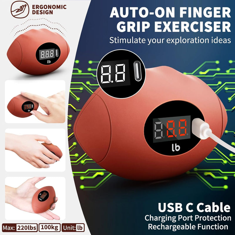 Hand Grip Strengthener, Rechargeable Digital Grip Strength Trainer up 220.4 Lbs(100kg) Hand Grip Exerciser Equipment for Strength Training-Forearm-Gripper-Finger, Stress Balls for Adults/Kids Brown