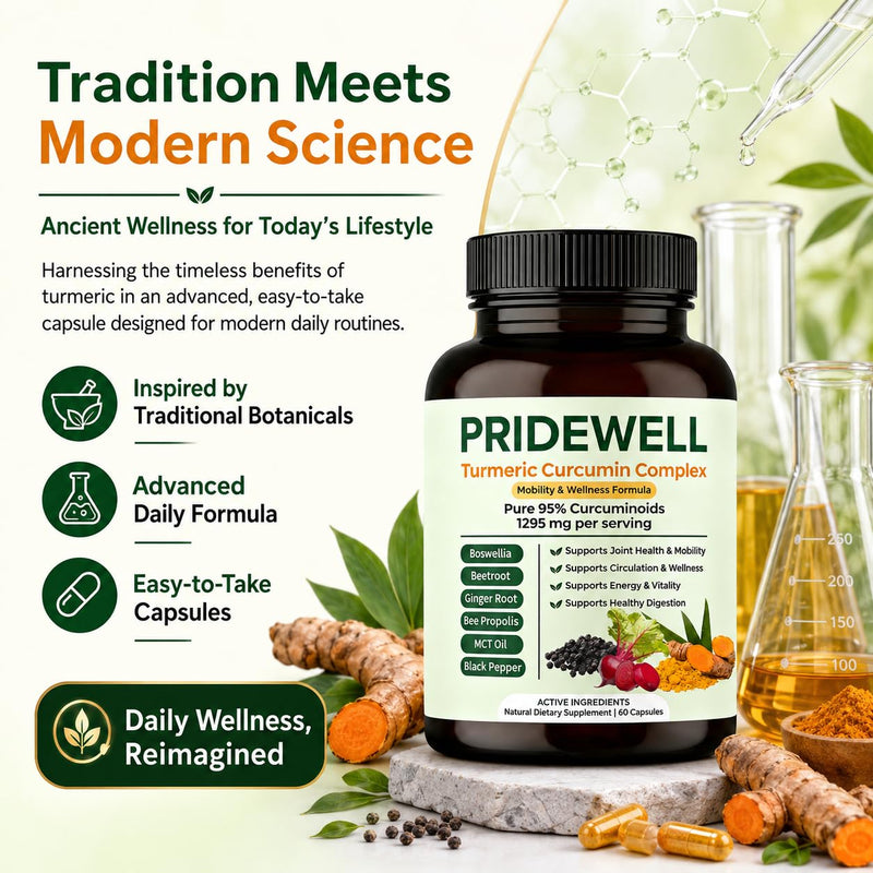 PRIDEWELL Powerful Natural Turmeric Curcumin Capsules | (1,295 MG) 95% Curcuminoids with Bee Propolis, Ginger, MCT Oil, Fat-Soluble Vitamin C, Beetroot & Black Pepper | 60 Capsules