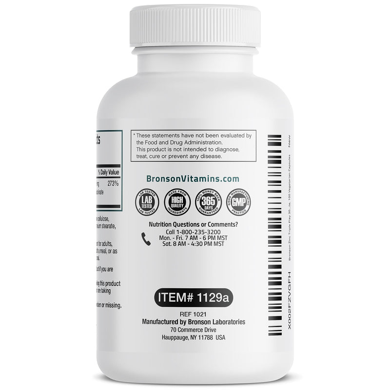 Bronson Zinc Triple Play 30 mg Triple Coverage Immune Support Zinc Supplement with Zinc Acetate, Picolinate & Orotate - Immune, Antioxidant & Skin Health Support - 100 Vegetarian Capsules 100 Count (Pack of 1) - BeesActive Australia