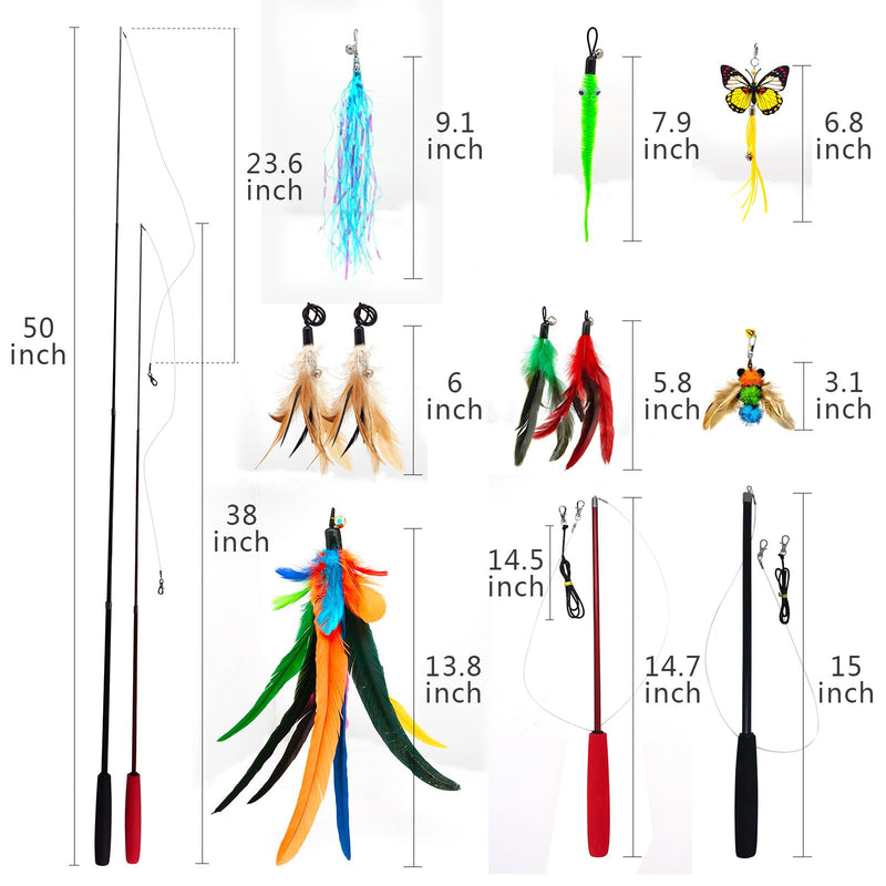 Cat Toy 2PCS Ultra-Long Cat Teaser(50"+38")+9PCS Da Bird Feather Refills,Cat Fishing Pole Toy,Interactive Cat Toys -Retractable Cat Wand Toy and Feather Toys Refills for Indoor Cats 11 PCS Retractable Wand Toy - BeesActive Australia