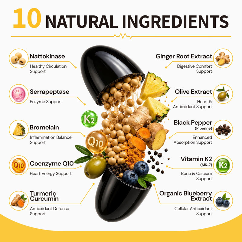 Nattokinase Supplement 20,000 FU, Triple Enzyme Complex with Serrapeptase & Bromelain, CoQ10, Vitamin K2, Turmeric, Botanical Extracts, Heart & Circulation Support, Healthy Aging,Non-GMO,240 Capsules