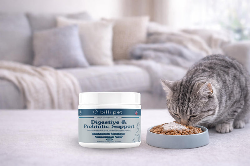 Cat Probiotic Powder for Cats with 6-Strain Probiotic Blend, Digestive Enzymes, Pumpkin Fiber & Omega-3 — Digestive & Gut Health Supplement, 4.2 oz, 120 Scoops