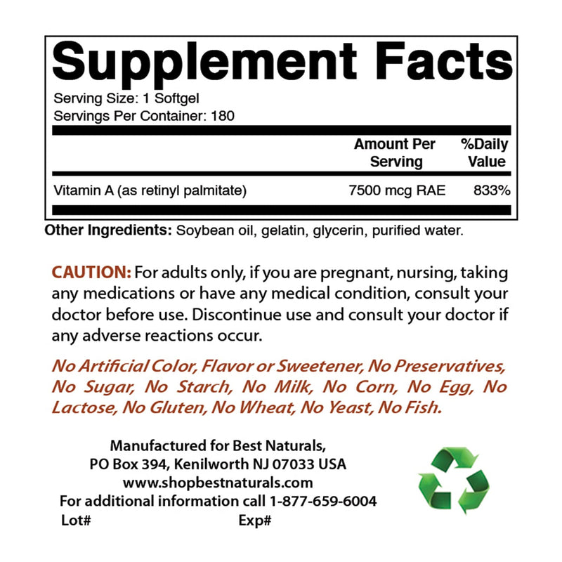 Best Naturals Vitamin A 25000 IU (7500 mcg), Non-GMO Formula Supports Healthy Vision & Immune System and Healthy Growth & Reproduction, 180 Softgels (180 Count (Pack of 2))